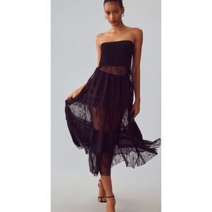 By Anthropologie Large Black Smocked Sheer Lace Overlay Dress Tiered Pleated NWT